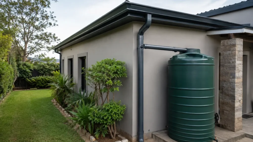 Seamless aluminium gutters connected to a rainwater tank in KwaZulu-Natal