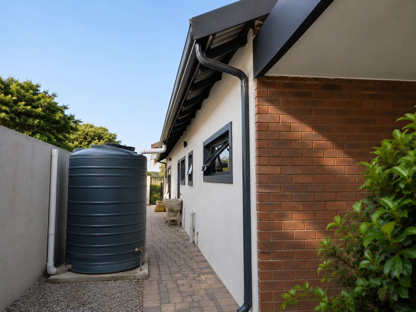 Rainwater tank connected to a gutter downpipe beside a home
