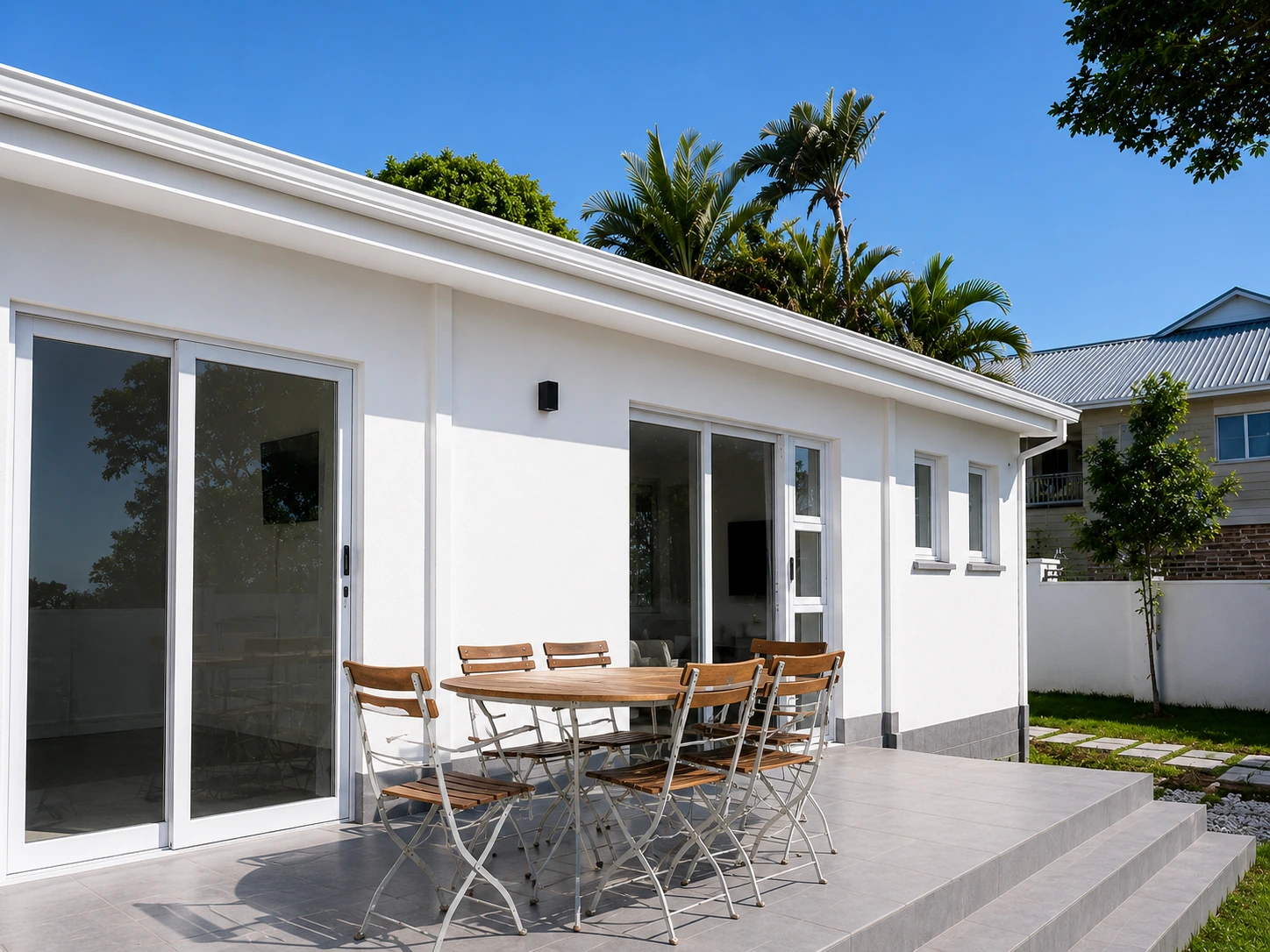 Seamless gutter above an outdoor patio at a Southbroom home