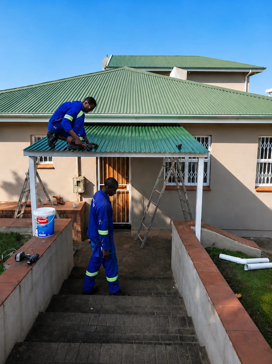 Hibiscus Gutters team working on a roof in Uvongo