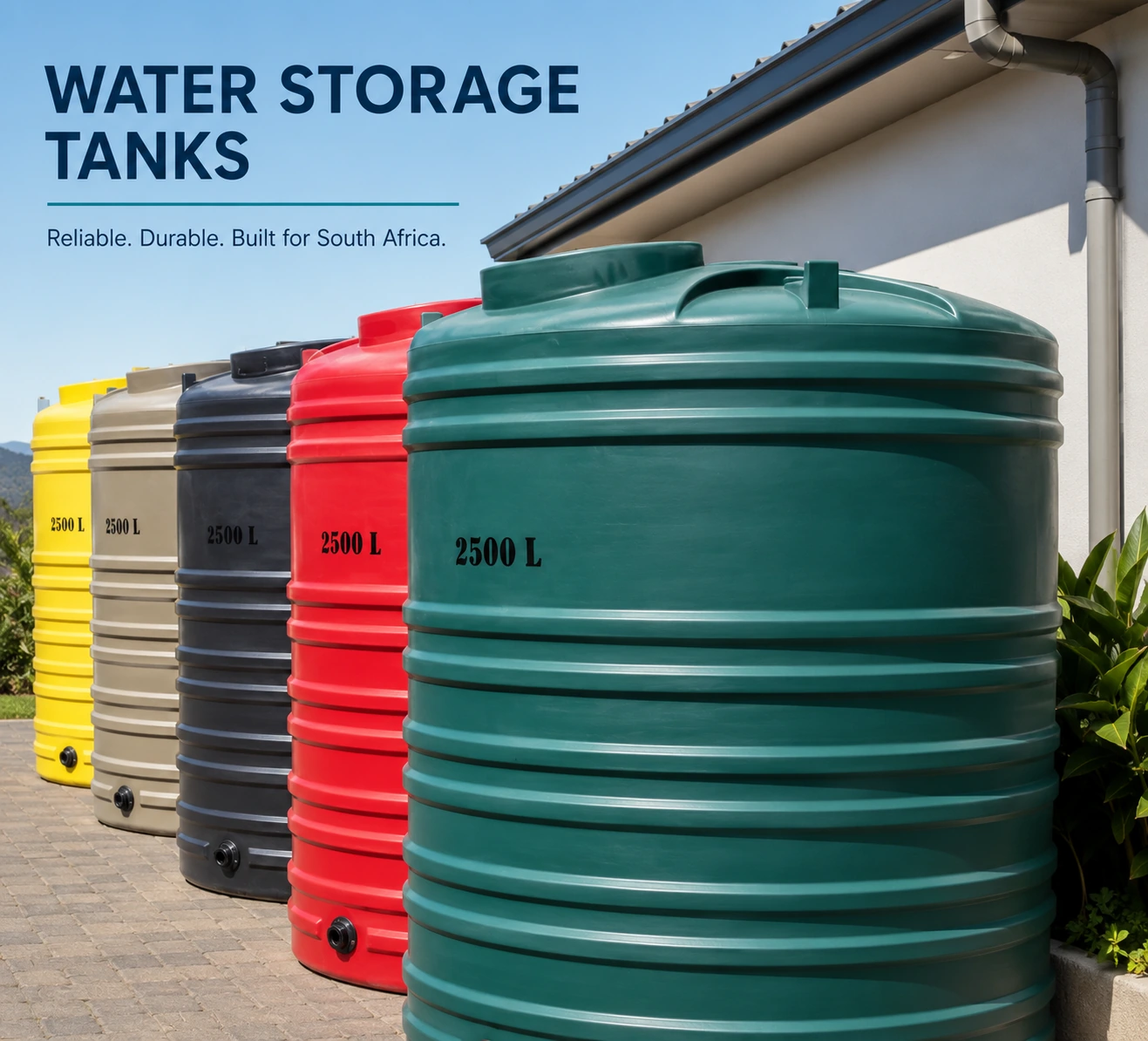 Water storage tanks in several colours